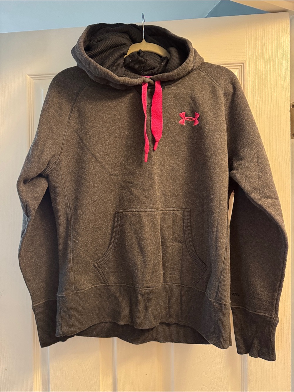 Under Armour Dark Gray Hoodie with Pink Logo and Drawstrings